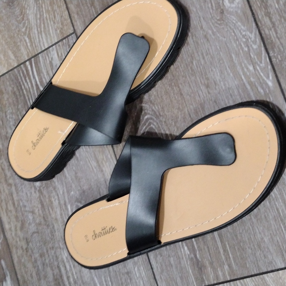 Chatties tan and black flip flops. 9 or 10